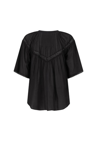 a-black-short-sleeve-blouse-with-a-pleated-bodice-and-delicate-lace-trim-along-the-shoulders-shown-against-a-plain-white-background